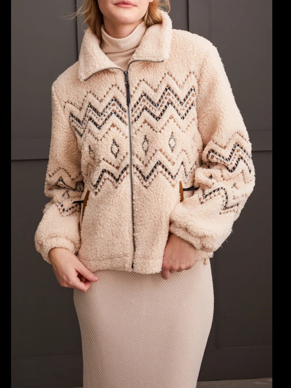 NWT Tribal Lined Boucle Sherpa Jacket With Embroidery